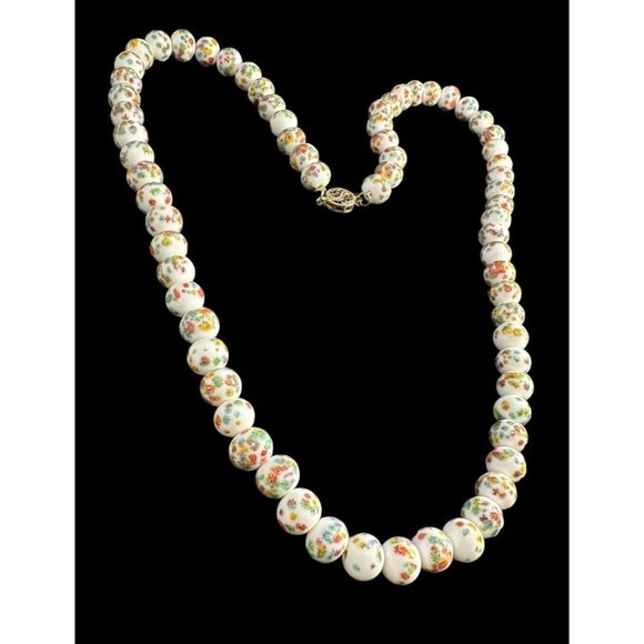 Vintage MCM White Millefiori Beaded Knotted Necklace Gold Tone Filigree Clasp - Picture 3 of 7